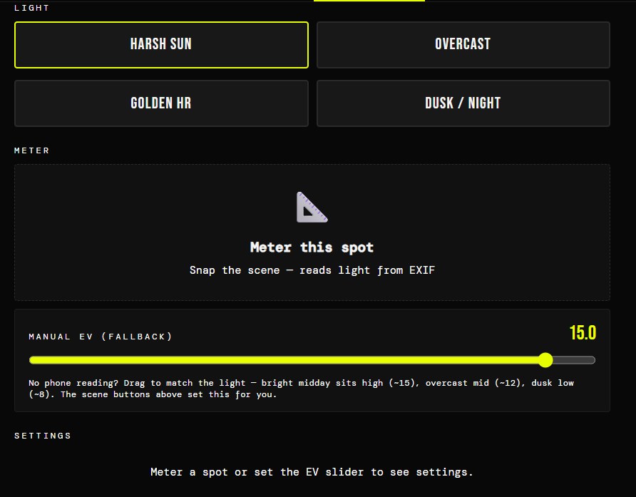 METER tab with light presets and EV100 calculator