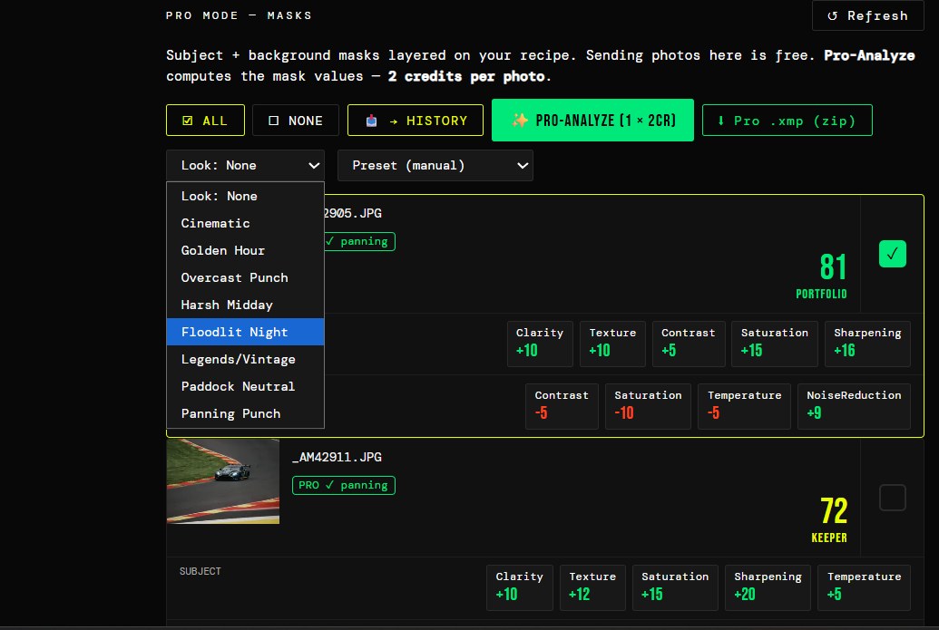 Pro Mode: looks and subject/background masks exported as .xmp