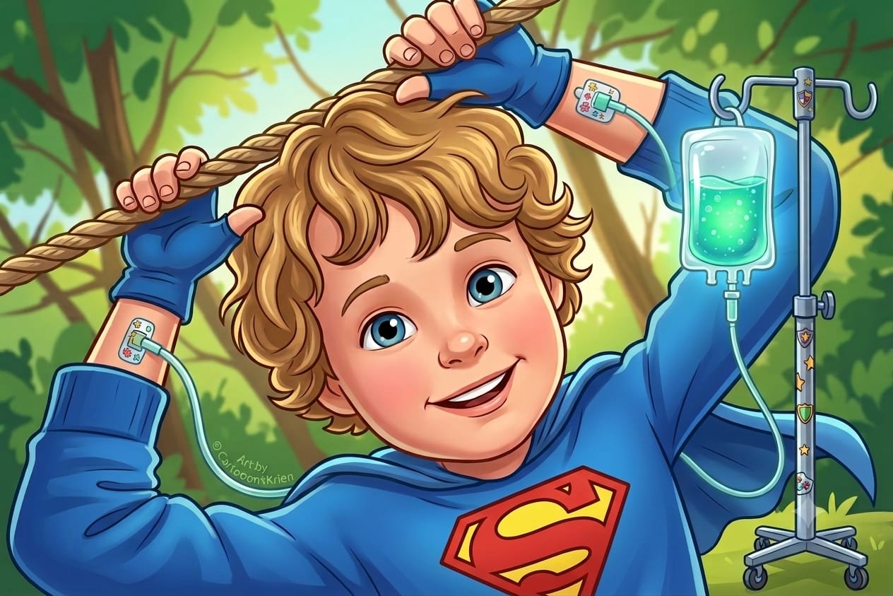 Cartoon of our son as Superman with his IV line